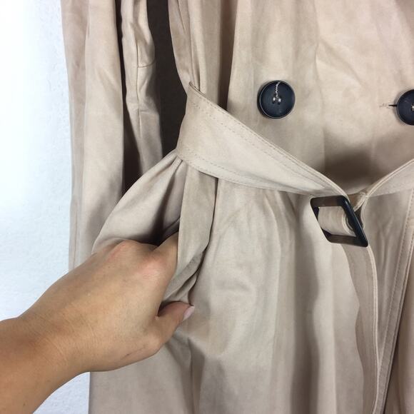 Zara Tan Trench Coat XS Faux Suede Double Breasted Belted Classic Mid Length - Picture 11 of 16